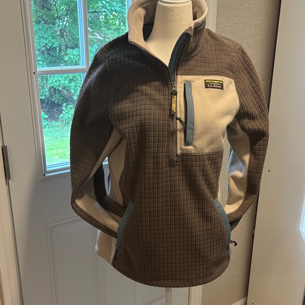 L.L. Bean Brown and Cream Half-Zip Fleece Pullover with Blue Trim women’s size s
